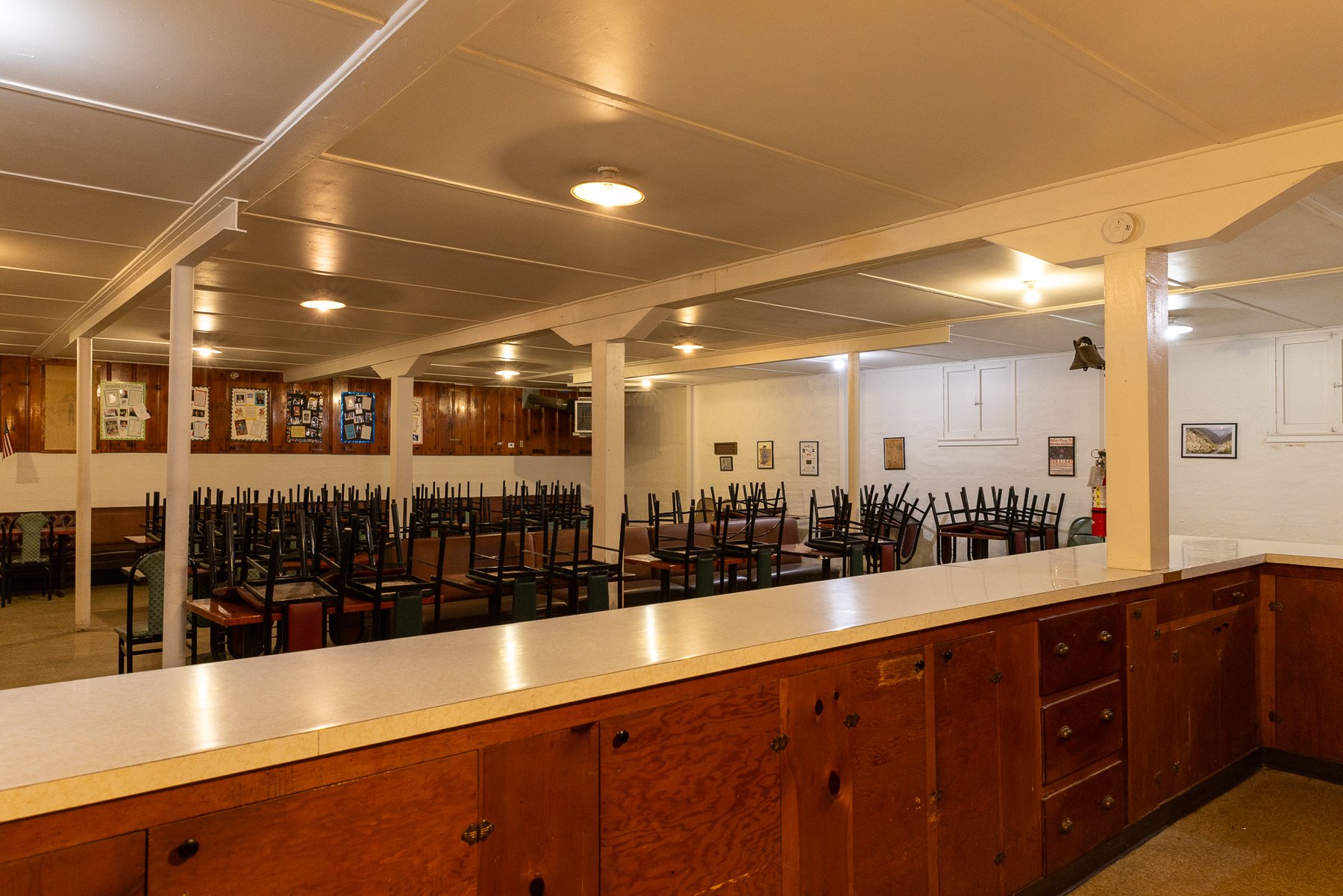 Long knotty-pine counter overlooking the basement dining area