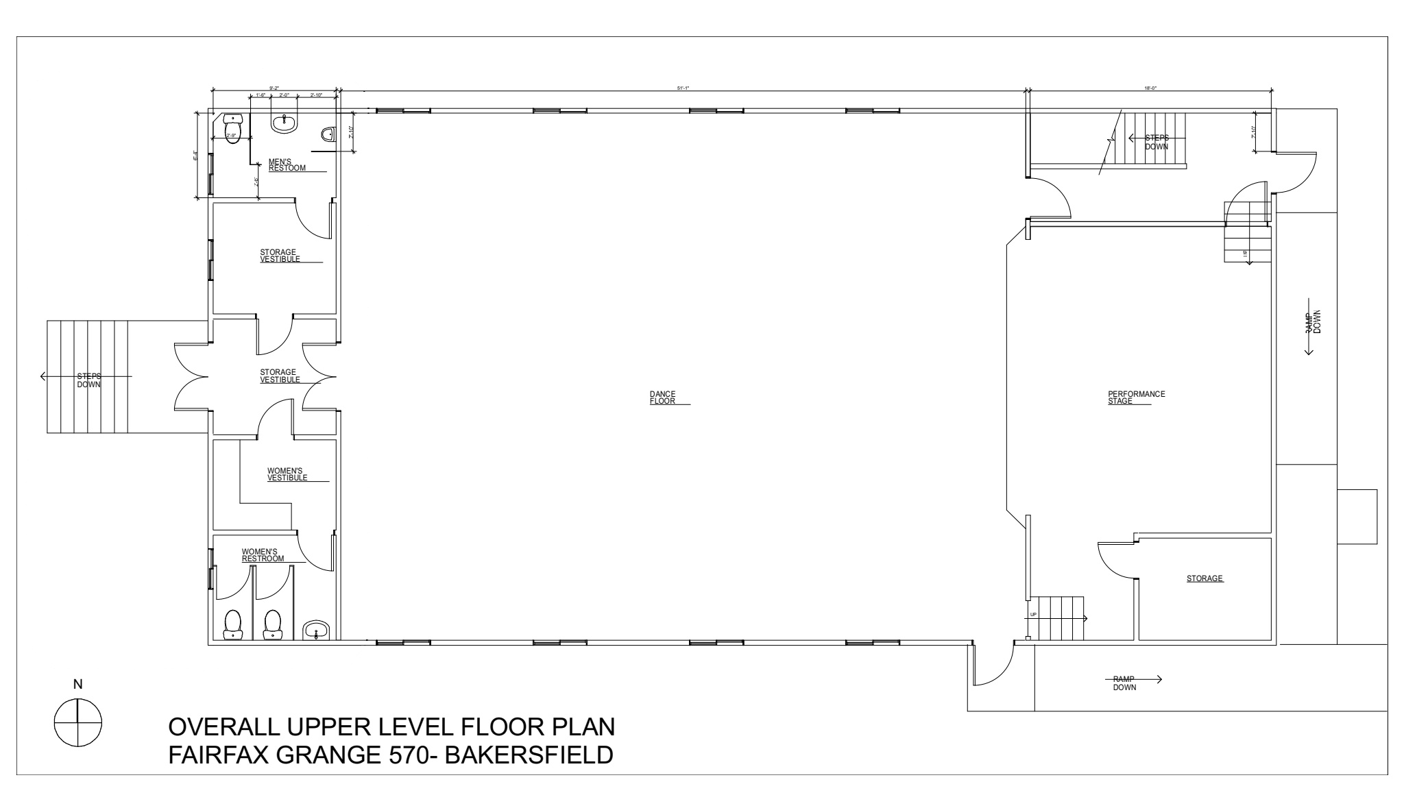 Overall upper level floor plan of Fairfax Grange 570 in Bakersfield showing the dance floor, performance stage, restrooms, vestibules, entrances and stairs